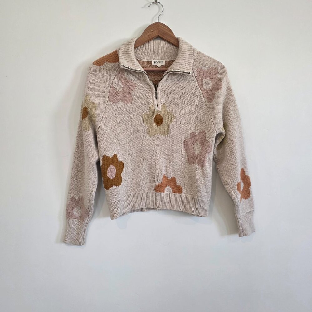 ROOLEE Floral Quarter Zip Sweater XS Cream Retro Flower Print